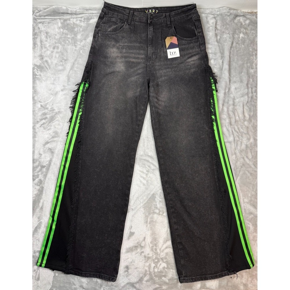 NWT VBRT Wide Leg Black Jeans Neon Green Side‎ Stripe Frayed Distressed 29